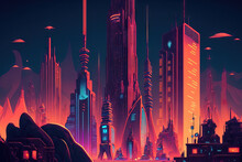 Virtual Sci Fi City Of The Future. Several Tall Sky Scraper Skyscrapers. Nightlife Concept, Corporate Vision, Cyberpunk, And Technological Product Background. Generative AI
