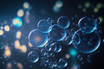 goods with bubbling fizz and revitalizing cleanliness or energy. Defocus bokeh blurred translucent effervescent blue gas bubbles floating in space in a studio photo. Generative AI