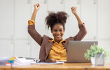 Fototapeta Panele - Excited happy Asian or african american woman business woman and laptoop screen in office for joy social media, internet browsing or research online win isolated over a white blur background