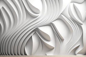 Wallpaper with a white backdrop in three dimensions and wave inspired abstract elements in a contemporary design. Template in light gray for a business presentation or wedding ceremony. Generative AI