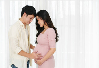 Wall Mural - married couple is expecting baby. man embraces his pregnant wife on window background