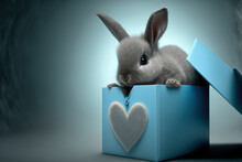 Baby Gray Rabbit Emerges From Blue Heart Gift Box. Generative AI