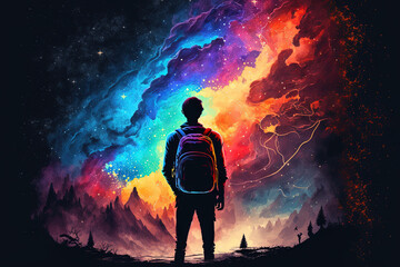 Canvas Print - Young man with a backpack looking at colorful nebula . Generative AI