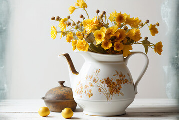 Still life with yellow spring flowers in white jug. AI