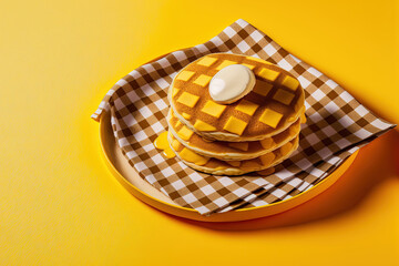 Canvas Print - Food pop art photography. Female and sweet pancakes on plaid tablecloth isolated on bright yellow background. Vintage, retro 80s, 70s style. Complementary colors, Copy space for ad, text. Generative