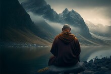 A Tibetan Buddhist Monk From Back Sitting On The Stone Close To The Water In The Background Of Cloudy Mountains