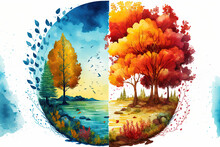 Autumn And Summer Seasons Are Depicted In This Illustration In Vibrant Nature. Watercolor Painting Of A Forest, A Tree With Yellow And Red Leaves, A Lake, A Blue Cloud In The Sky, And Other Elements