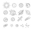 © Sunflower - Solar system planets, falling meteor, stars and space satellite set. Universe, celestial bodies, astronomy science concept thin line vector illustration isolated on white