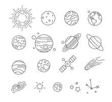 Solar System Planets, Falling Meteor, Stars And Space Satellite Set. Universe, Celestial Bodies, Astronomy Science Concept Thin Line Vector Illustration Isolated On White