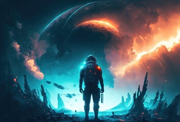 Wall Mural - close up astronaut with universe gradient color sky as background idea for sci-fi theme background o