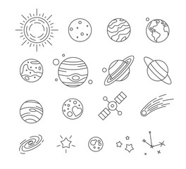solar system planets, falling meteor, stars and space satellite set. universe, celestial bodies, ast