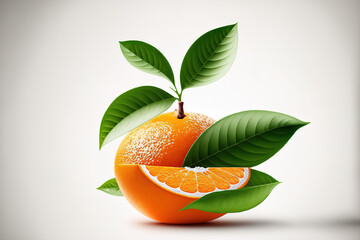 Orange fruit on its own. Slices of an orange fruit with a whole fruit, leaves, and branch against a white backdrop. Orang having a wide field of view. Generative AI