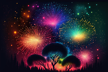 Canvas Print - Brightly colored fireworks and a color filled salute fill the night sky. Generative AI