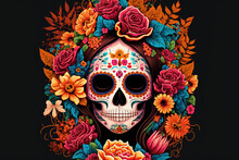 Sugar Skull Adorned With Vibrant Flowers. Catrina Calavera. Day Of The Dead. The Day Of The Dead. A Digital Illustration. Generative AI