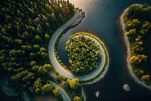 Bird's Eye View Of A Curvy Road Next To Water. Aerial, Drone Photography Taken From Above In Sweden In Summer. Surroundings With Trees And A Lake. Copy Space And Place For Text. Travel Concept