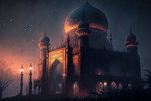 A Painting Of A Mosque At Night With Beautiful Sky, Generative AI