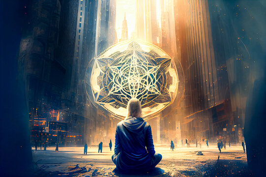 Person meditating in busy city downtown, sacred geometry, Generative AI