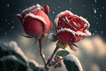 Two Red Roses Covered In Snow, Valentine's Day Concept, Generative AI