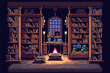 Pixel art old library, book library, background in retro style for bit game, Generative AI