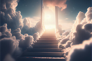 Gates lights of heaven in fog above blue sky background and stairs .AI