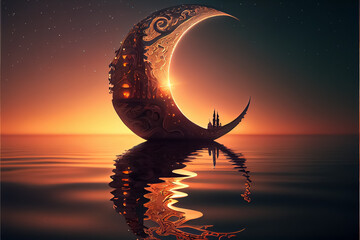 Wall Mural - Illustration of a Golden crescent at dark background Pattern. AI