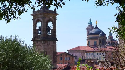 Canvas Print - Citta Alta towers from park of Rocca di Bergamo fortress, Italy