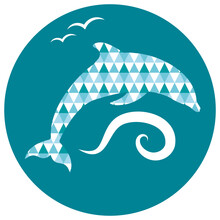 Dolphin, Sea, Seagulls. Marine Logo, Illustration For Design.