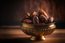 Dates In A Copper Bowl Are Shown Up Close Against A Wooden Table Background. Dates Are A Healthful Snack Made From Palm Fruit. Generative AI