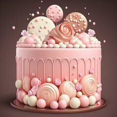 Wall Mural - Birthday celebration cake, pastel pink color icing and candies decoration in a plate, dark background. AI generative