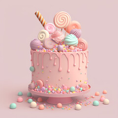 Wall Mural - Birthday celebration cake, pastel color icing and candies decoration in a plate, isolated on pink. AI generative