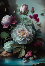 Vintage Victorian Bouquest Flowers, Wildfolwers, Classic  Still Life, Generative Ai