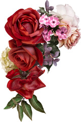 Wall Mural - Red roses isolated on a transparent background. Png file.  Floral arrangement, bouquet of garden flowers. Can be used for invitations, greeting, wedding card.