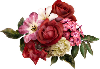 Wall Mural - Red roses isolated on a transparent background. Png file.  Floral arrangement, bouquet of garden flowers. Can be used for invitations, greeting, wedding card.