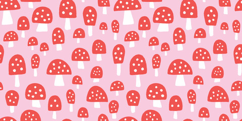 Wall Mural - Mushroom background pattern border . Vector seamless repeat banner of red spotted hand drawn textured mushrooms. 