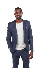 Wall Mural - Black businessman, portrait or fashion suit on isolated white background in smart casual, cool or trendy clothes. Creative designer, worker or formal employee with vision glasses, goals or innovation