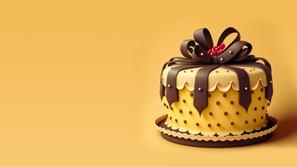 Sticker - 3D Render, Beautiful Colorful Cake With Chocolate Loopy Bow.