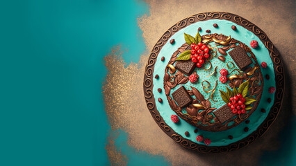 Poster - Top View of Chocolate And Berries Cake On Golden And Turquoise Grunge Background. 3D Render.