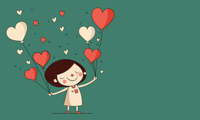 Sticker - Vector Of Cute Little Girl Holding Heart Shape Balloons On Green Background And Copy Space. Love Or Valentine's Day Concept.