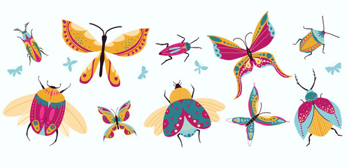 Wall Mural - Collection of hand drawn butterflies and bugs. Abstract decorative design. Butterflies and bugs vector icons set.