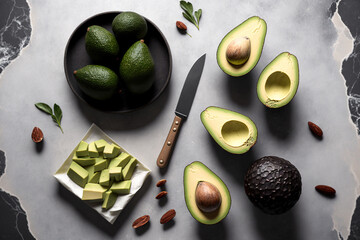 Wall Mural - Flat lay of whole and chopped avocados on a grey marble table. Generative AI