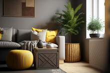 Gray Sofa, Wooden Cube, Commode, Pillow, Macrame, Yellow Pouf, Rattan Lamp, Basket, Plants, And Attractive Accessories Are Featured In This Stylish And Modern Living Room. Elegant Interior Design Temp
