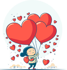 Wall Mural - Cute Little Girl Character Holding Hearts Balloons On Nature Tree Landscape. Love Or Valentine's Day Concept.