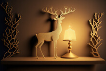 Basic Holiday Design Beige Color For The Holiday Interior Background. A Table With A Standing Golden Deer Figurine, A Lamp At Night, And A Hanging Spotlight. Golden Metal Reindeer A Representat