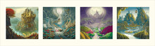 A Surreal Landscape With Abstract Trees Clouds Melting Islands Off Ground. Vector Illustration, Set Four Posters. Dreamy Surreal Fantasy Landscape, Lush Vegetation Flowers, Pastel Colors 