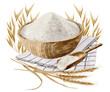 Watercolor composition of flour, salt, sugar, wooden cup, towel, spikelets of wheat, rye, oats, wooden spoon. High quality illustration