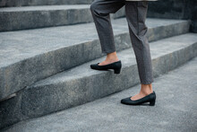 Stepping Going Up Stairs In City, Closeup Legs Of Businesswoman Hurry Up Walking On Stairway, Rush Hour To Work In Office A Hurry In Morning, Foot Of Business Woman Wear Black Shoes Step Up Success