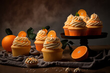 Orange Cupcakes On A Table With Fruit Filling And Buttercream Icing. Generative AI