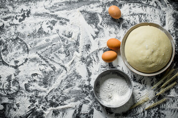 Poster - Dough with eggs, spikelets and sieve.