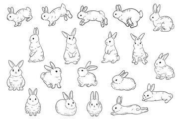  レトロなウサギの線画イラスト素材セット