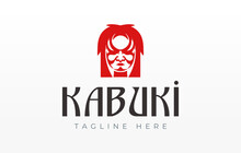 Japanese Kabuki Mask Logo Design. Red Kabuki Mask Vector Illustration.